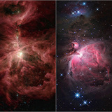Image of the Orion Nebula in visible (left) and infrared light (right)