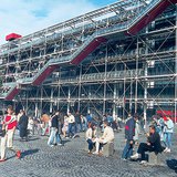 Bustling crowd in front of the Pompidou Centre in Paris
