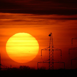Giant sunspot on the setting sun